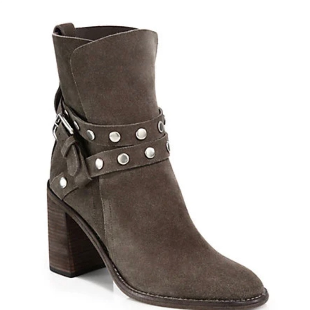 SEE BY CHLOÉ JANIS STUDDED SUEDE ANKLE BOOTS IN GREY. Size 38.